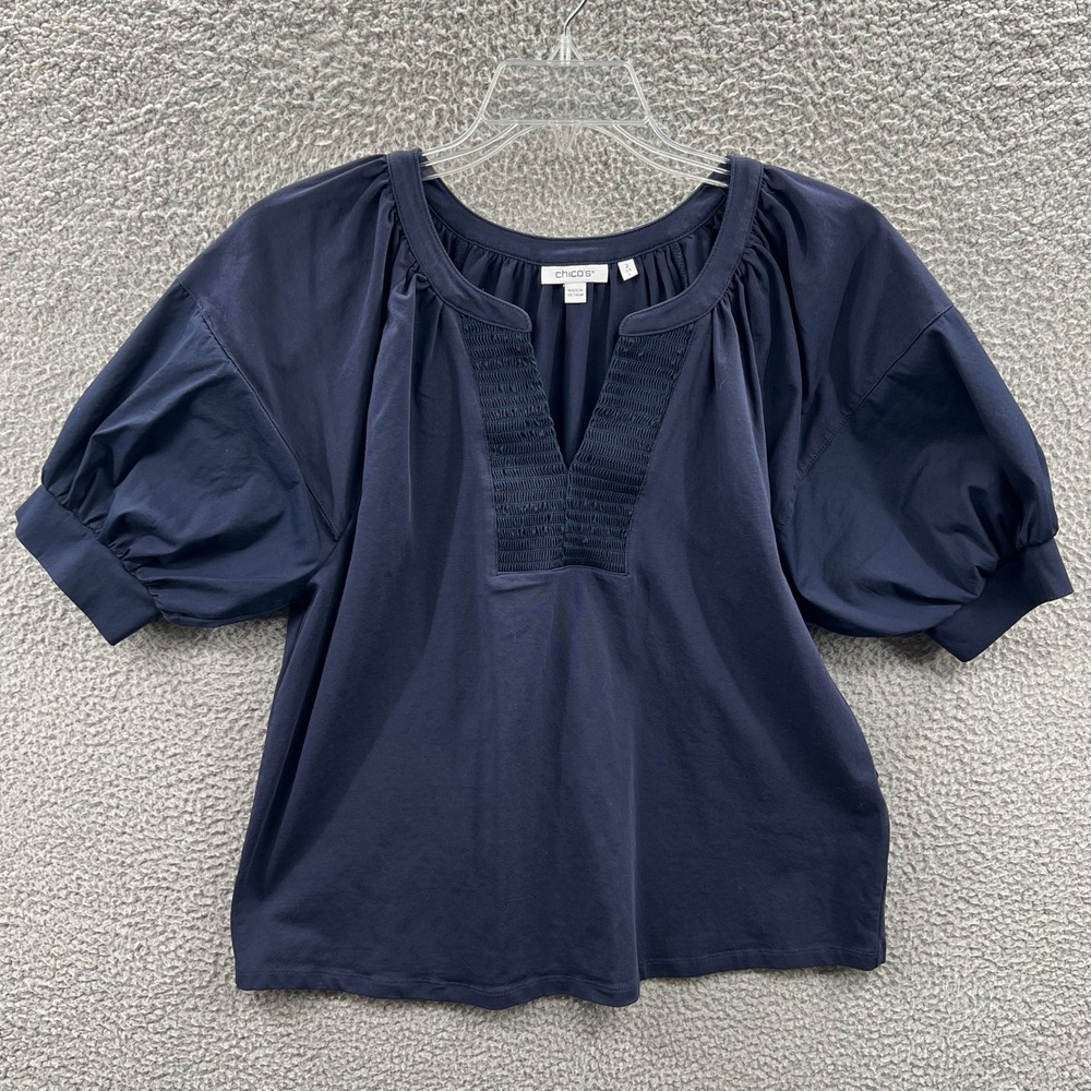 Chicos Womens Smocked Puff Sleeve Blouse L Navy Cotton Stretch Office Top Casual